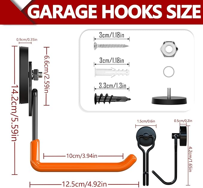 3-H Extra Strong Magnetic Hooks,Heavy Duty Large Anti-Slip Magnet Hooks U Shape,No-Drill Tool Holder for Garage,Power Drill,Garden Tools,Hose Storage,2 Pack Orange
