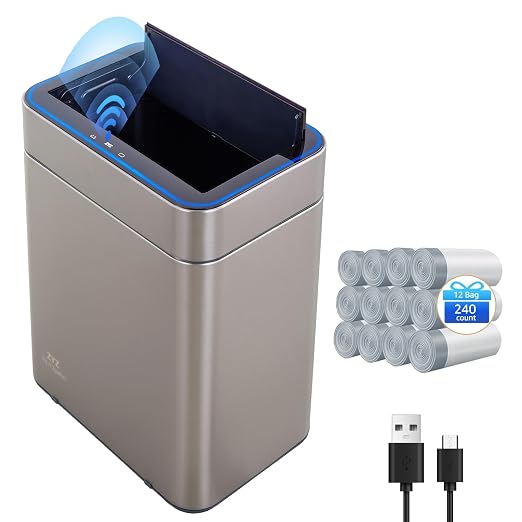 Automatic Trash Can Touchless 13 Gallon / 50L, Motion Sensor Trash Can with USB Rechargeable, Automatic Garbage Can for Kitchen, Butterfly Soft-Close Lid & Ozone Sanitizing (Includes 240 Trash Bags)