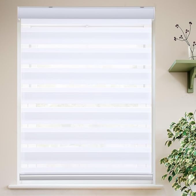 MYshade Roller Shades Zebra Blinds for Indoor Windows Cordless Day and Night Light Filtering Dual Layer Roller Window Blinds & Shades, Easy to Install, Size 52" W x 72" H, White