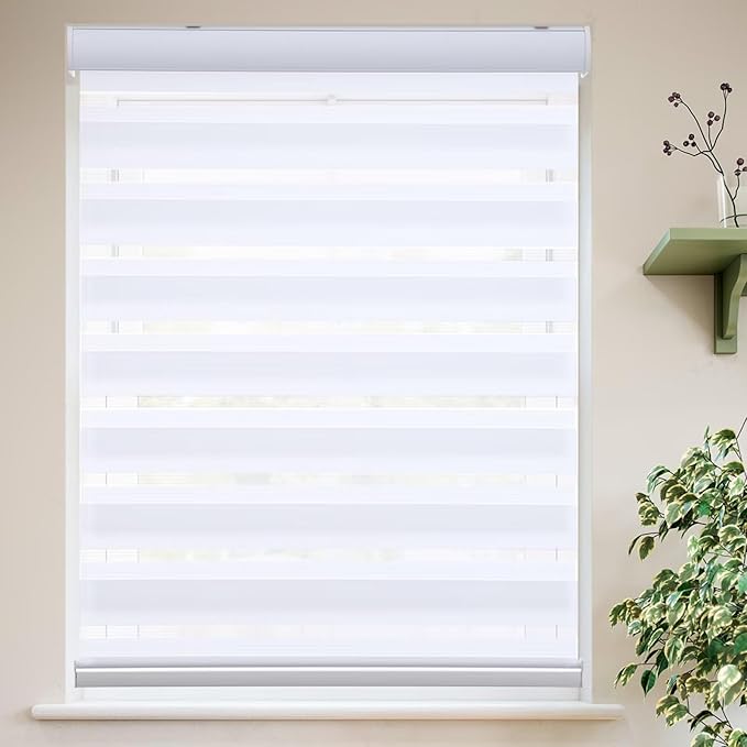 MYshade Roller Shades Zebra Blinds for Indoor Windows Cordless Day and Night Light Filtering Dual Layer Roller Window Blinds & Shades, Easy to Install, Size 38" W x 72" H, White