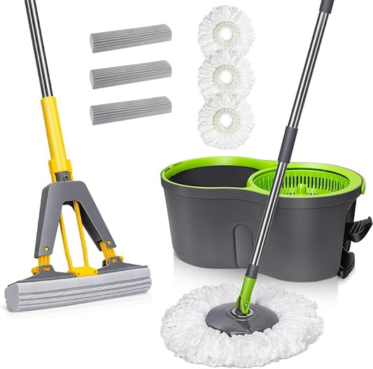 Masthome Spin Mop Bucket System with 3 Mop Pads & Sponge Mop with 3 Absorbent PVA Mop Refills for Floor Cleaning