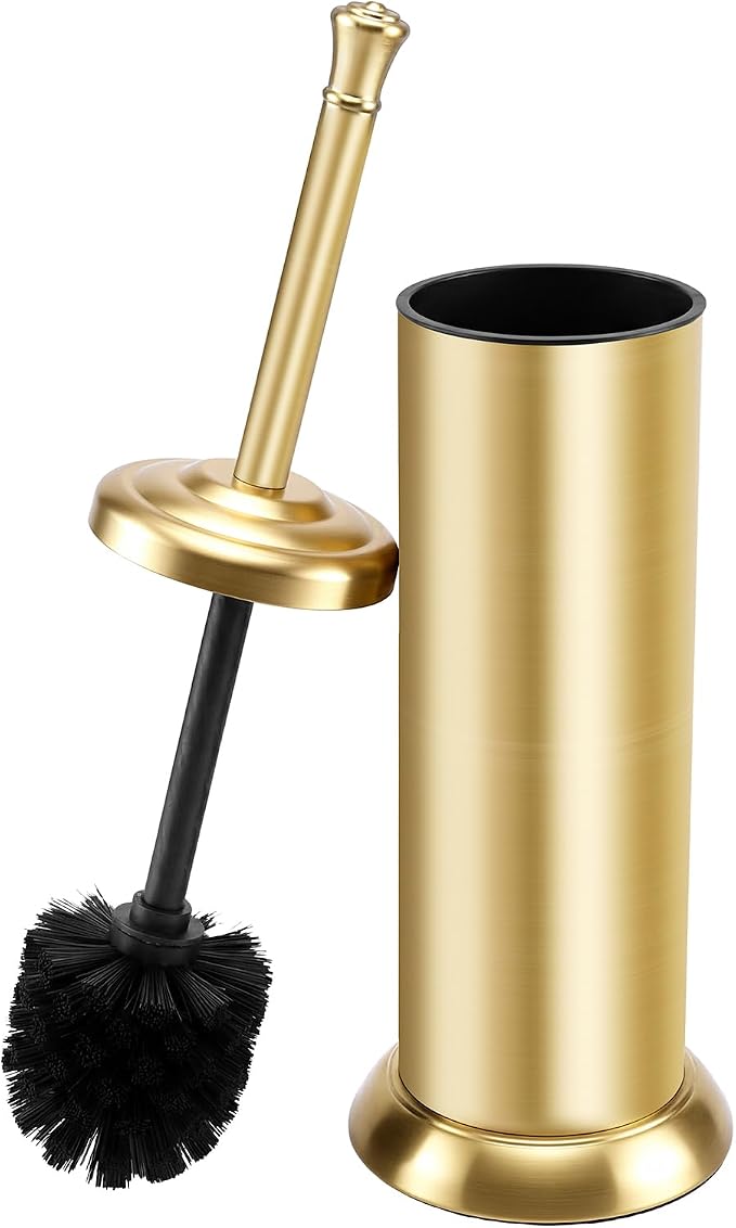 Toilet Brush and Holder Set,304 Stainless Steel Heavy Duty Toilet Brush,Extra Long Handle Toilet Bowl Brush and Holder for Bathroom,Durable,Deep Cleaning,Extra Dense Bristles (Gold)