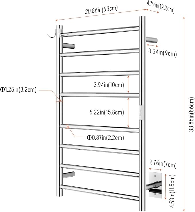 8-Bar Towel Warmer Plug-in Hardwired 3 Modes Mirror Steel 21”W 34”H | can be surface-mounted or flush-mounted, with wiring/cable exit available on either the right or left side.