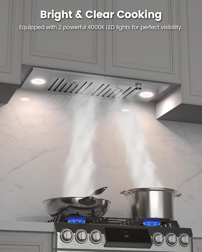 JOCO 30 Inch Range Hood Insert, 900 CFM Stainless Steel Built-In Kitchen Vent Hood, Convertible for Ducted or Ductless Installation, 4-Speed Knob Control, Model B01-30K