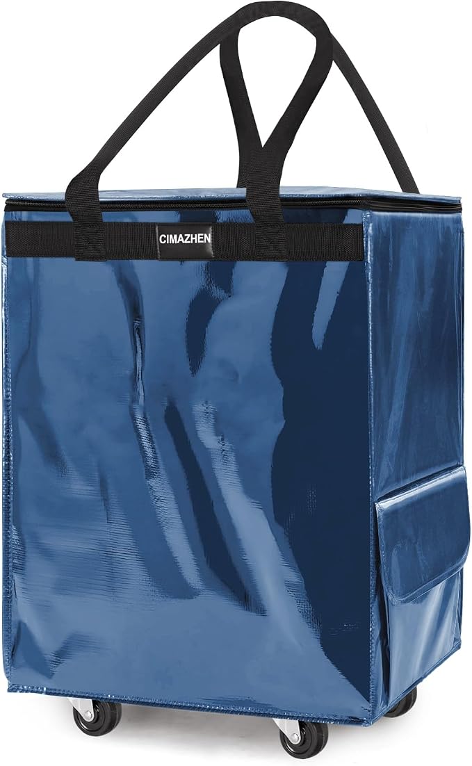 (Medium,Navy Blue) Reusable Grocery Bag on 4 Wheels, 70L Foldable Rolling Tote Bag with 3 Handles and Zipper, Rolling Shopping Cart for Groceries, Storage, Laundry, Travel, Organizer, 76lb