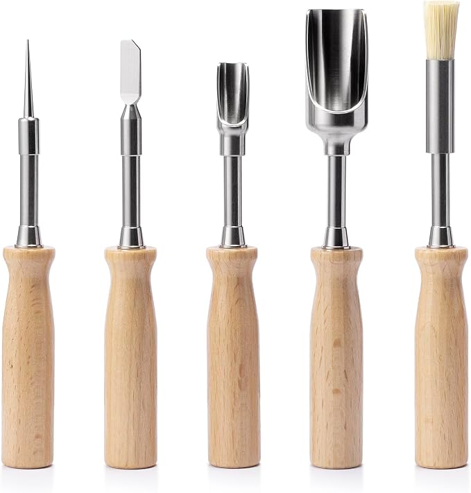 5Pcs tool kit including metal poker,scraper,mini scoop,large scoop,brush,crafted from SS304 with detachable wooden handles storage bag for versatile use sugar salt powder spices and cleaning