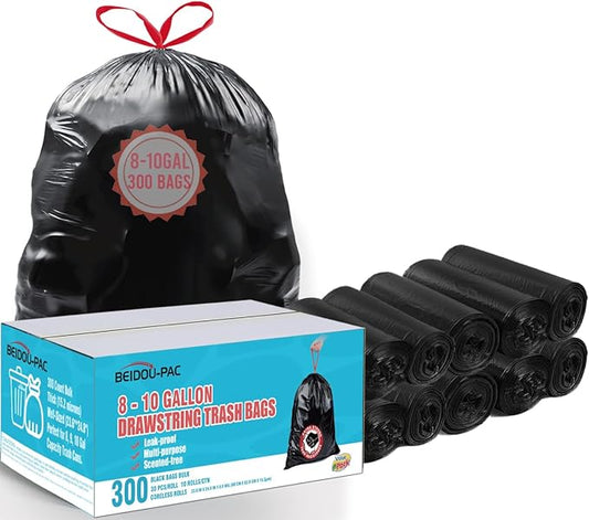 BEIDOU-PAC 8-10 Gallon Trash Bags Drawstring, 300 Count Bulk, Black & Unscented Multi-purpose Garbage Bags for Business Home Bathroom Kitchen Commercial and Industrial