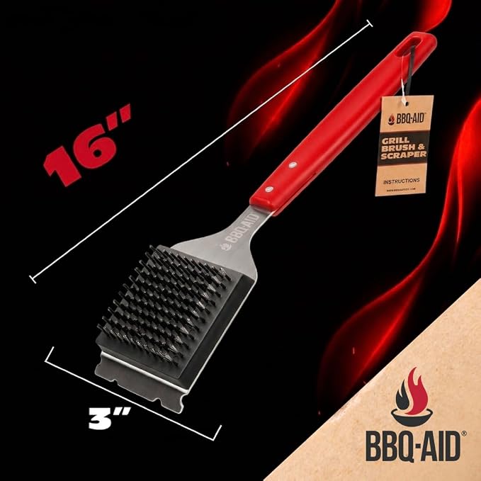 Wire Brush & Scraper for BBQ Grill Cleaning with Replaceable Head - Red | Heavy-duty stainless steel with a long acacia wood handle for better grip and a convenient replaceable head.