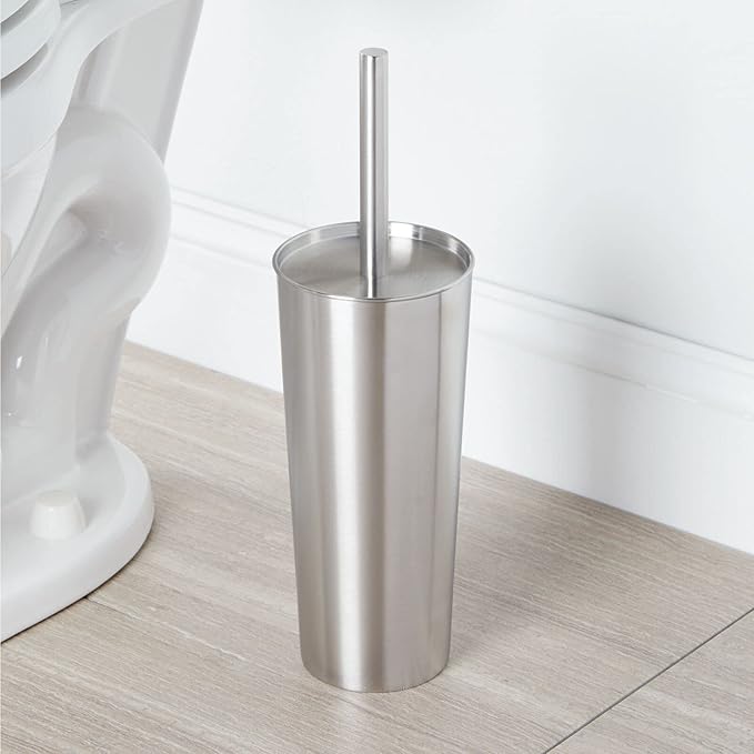 mDesign Slim Metal Toilet Brush Set - Modern Freestanding Holder for Bathroom - Practical With Rust-Resistant Finish - Silver