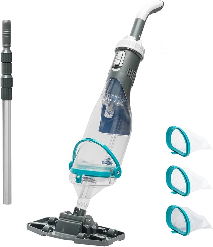 XtremepowerUS Pool Vacuum for Above Ground Pool with Telescopic Pole, Running Time Up to 60min, Handheld Rechargeable Pool Cleaner Powerful Suction Up to 18.5 gallons/min, Ideal for Leaves & Debris