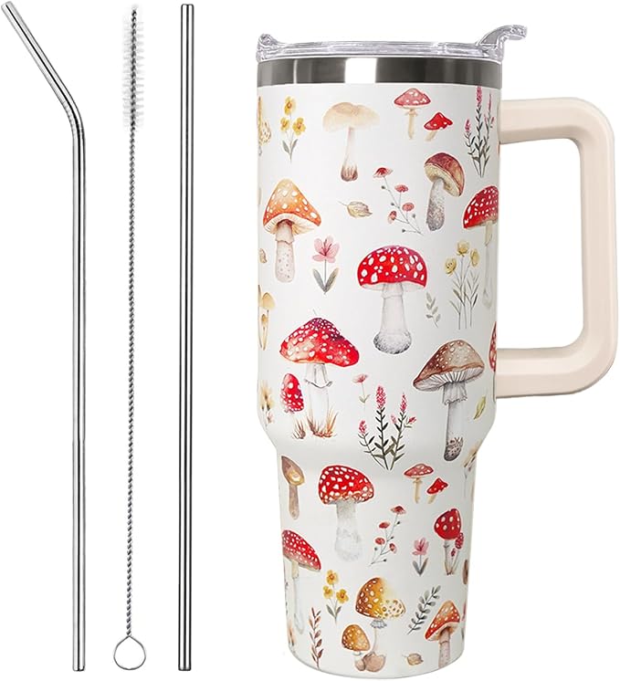 Ceovfoi 40 Oz Mushroom Stainless Steel Coffee Travel Mug Cup Water Bottle Tumbler with Handle Lid and Straw,Mushroom Decor,Mushroom Gifts for Women