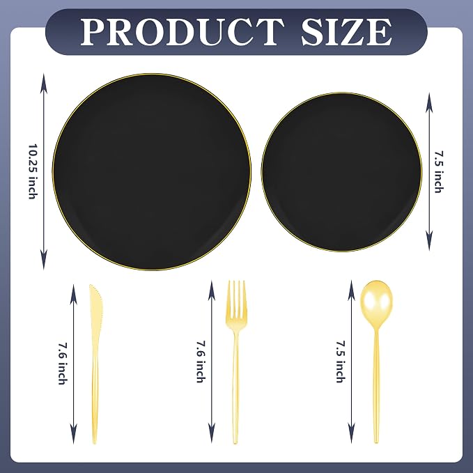 I00000 150Pcs Black Plastic Plates, Black Disposable Plates, Heavy Duty black plates for 30 Guests,Plastic Dinnerware Set Include 30 Dinner Plate,30 Dessert Plate,90 Gold Cutlery Set for Party