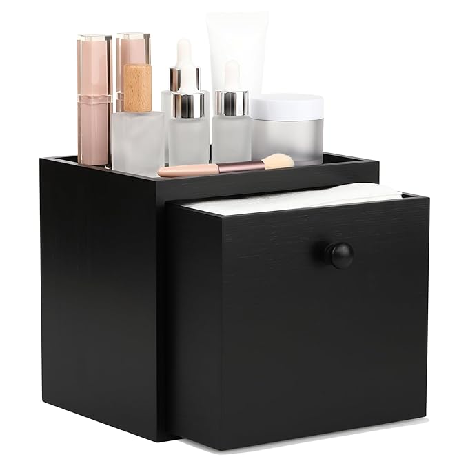 eggs sound Disposable Face Towel with Bamboo Drawer Storage Box - Face Towelettes Disposable XL, Facial Towels Makeup Organizer for Clean Face Towels, Makeup Remover Washcloths 50 Ct-Black Box