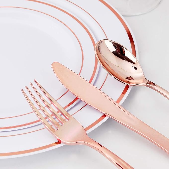 WDF160 Piece Rose Gold Disposable Cutlery Set - Heavyweight Plastic Silverware - Includes 80 Forks, 40 Spoons, 40 Knives - Rose Gold Silverware Perfect for Wedding Party Birthday