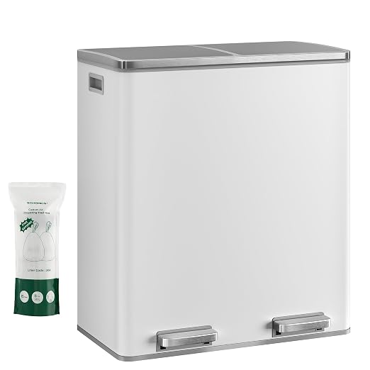 SONGMICS HOME Trash Can with 2 Compartments for Kitchen, Garbage Can with 15 Trash Bags, 2 x 8 Gallon (2 x 30 L), White
