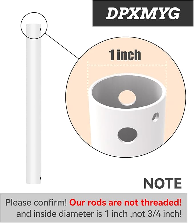 72 inch Ceiling Fan Downrod, 6 FT White Downrod for Ceiling Fan, 1 inch Outside Diameter, Boom Suitable for a Wide Range of Fans (White, Not Threaded)