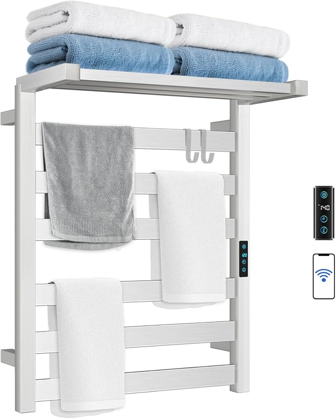 WiFi Heated Towel Rack Wall Mounted, Electric Towel Warmer with Foldable Bracket, Stainless Steel, LED Built-in Timer, Plug-in, Temperature & Timing Control, 6 Bars, Brushed Nickel