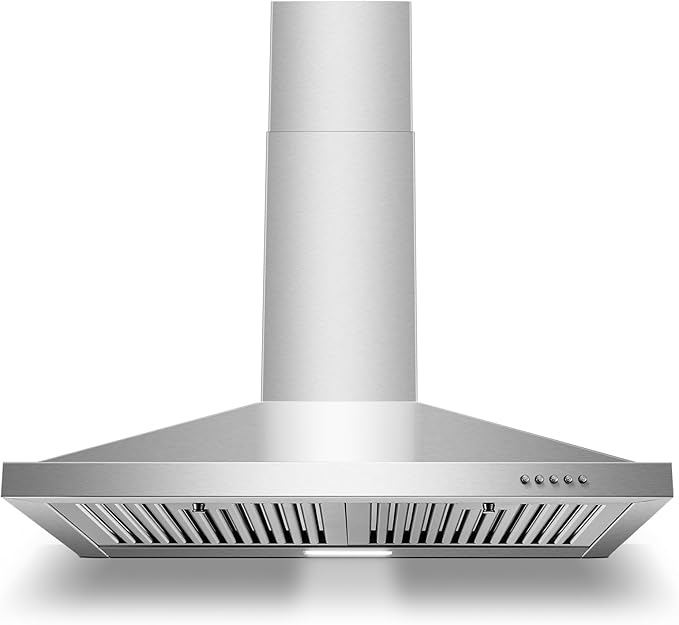 Range Hood 30 inch, Wall Mount Range Hood Ducted/Ductless, Kitchen Hood in Stainless Steel, Vent Hood with Baffle Filters, 3 Speed Fan, Push Button Control, Energy-Saving LED Light