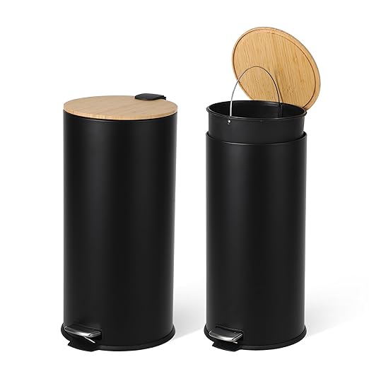 30 Liter/8 Gallon Step Trash Can with Bamboo Lid, Round Slim Stainless Steel Garbage Can with Removal Inner Liner, Soft Close for Kitchen, Office, Living Room, Bathroom, Black