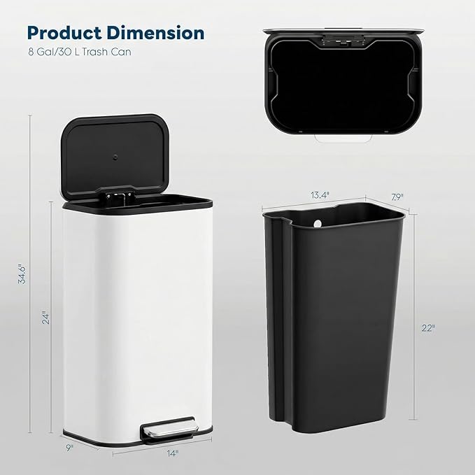 8 Gal/13.2 Gal Stainless Steel Kitchen Trash Can, Step Garbage Can with Soft-Close Lid & Removable Inner Bucket, Fingerprint-Proof Waste Bin with Wide Non-Slip Pedal for Home Office Bathroom