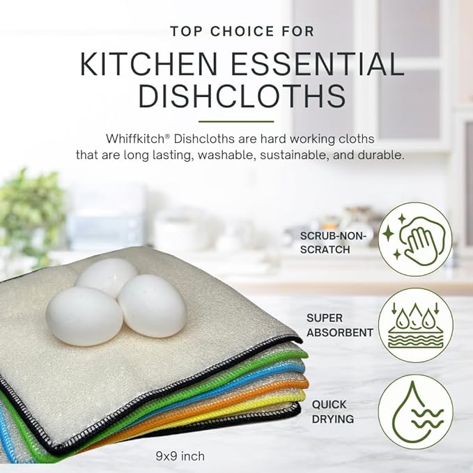 Whiffkitch DISHCLOTHS for Kitchen, Cleaning and Multi Surface Washcloth, 6"x7" and 9"x9" Bundled Set, Reusable, Washable, Scrub-Non-Scratch, Absorbent, Quick Drying, Household Essential