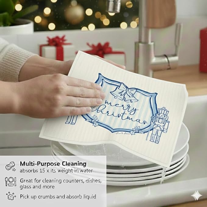 Christmas Holiday Swedish Dishcloth, Reusable Paper Towel, Super Absorbent Cellulose Sponge, Washable Kitchen Cleaning Cloth (Merry Nutcracker Duo - 1 Pack)
