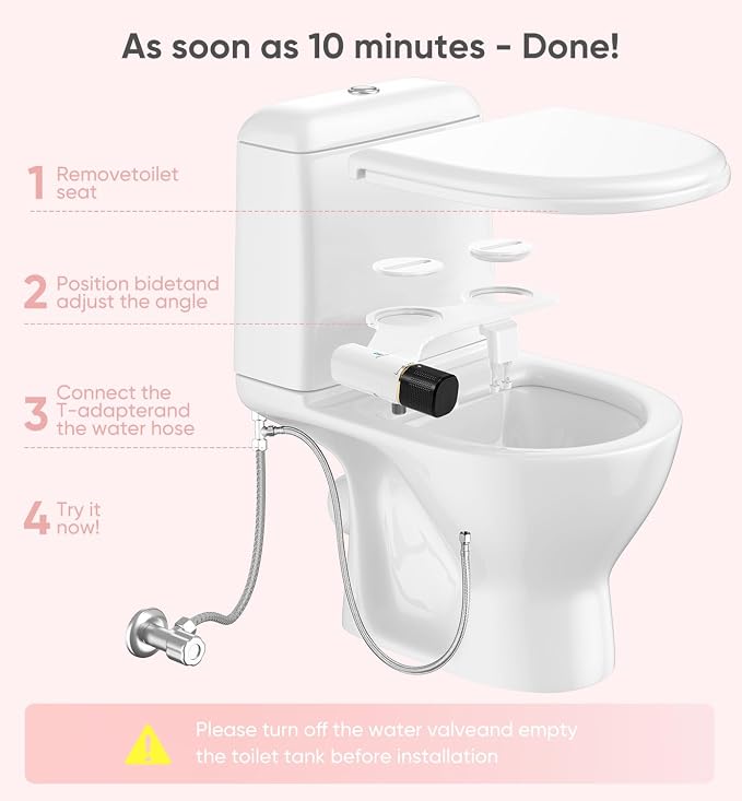 Ultra-Slim Bidet Attachment, Posterior&Feminine Wash-(Retractable Dual Nozzles), Non-Electric Bidet Attachment for Toilet Seat, Adjustable Fresh Cold Water Pressure, Stainless Steel Inlet (BlackGold)