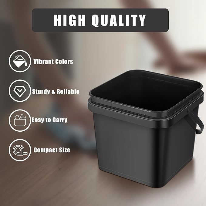 Jingmore 4 Pcs Plastic Bucket 5 Quart Square Bucket Utility Small Pail with Handle Sturdy Pail Organizer for House Cleaning Storage Livestock Feeding Car Washing Food Storage, No Lids(Black)
