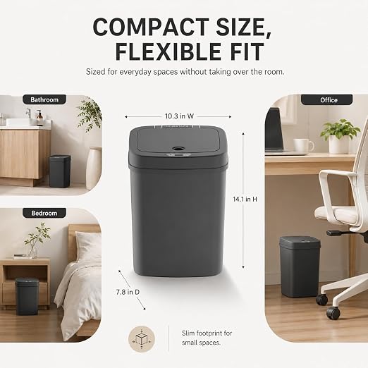 DZT-12-5S Smart Motion Sensor Trash Can 10.3 * 7.8 * 14.1inch | 0.3s Fast Opening, Auto Close & Touch-Free Operation for Home and Office (Black)