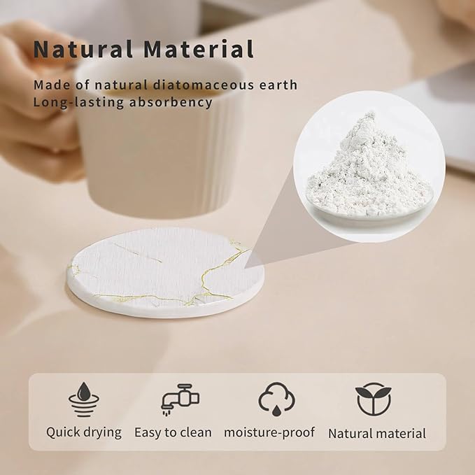 Diatomaceous Earth Coasters Set of 4，Super Absorbent Quick-Dry Heat-Resistant Drink and Coffee Coasters, Modern Stone Irregular Design for Kitchen Counter and Coffee Table (White Coaster)