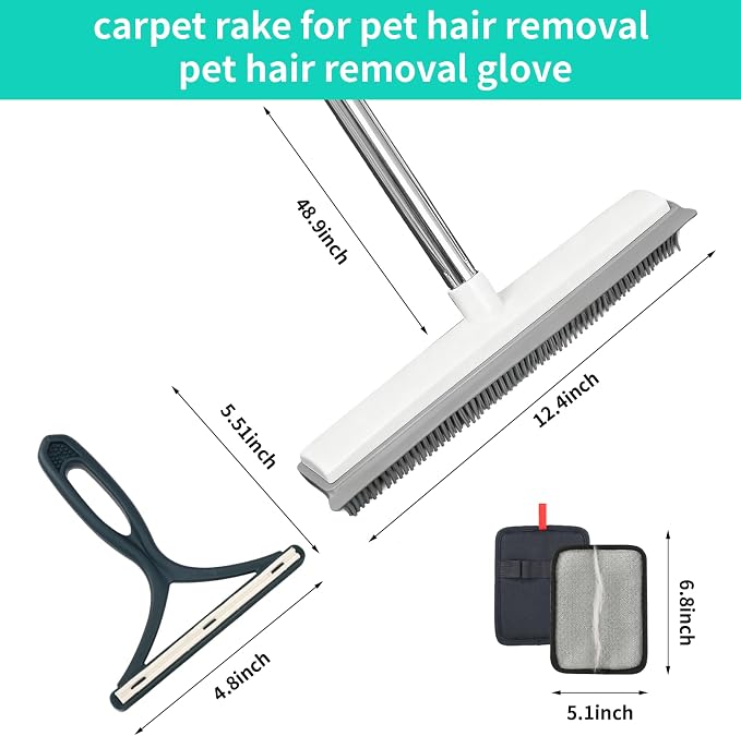 Carpet Rake for Pet Hair Removal, Adjustable Rubber Broom with Squeegee, 4-Piece Pet Hair Remover Kit with Gloves & Scraper for Dog & Cat Hair, Rugs, Couch, Car Seats