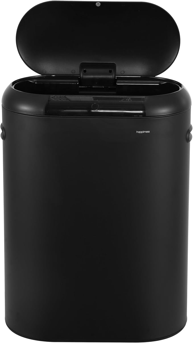 happimess HPM1016B Robo Kitchen 13.2-Gallon Slim Oval Motion Sensor Touchless Trash Can with Touch Mode, Fingerprint Resistant, Modern, Minimalistic for Kitchen, Office, Bathroom, Charcoal Black