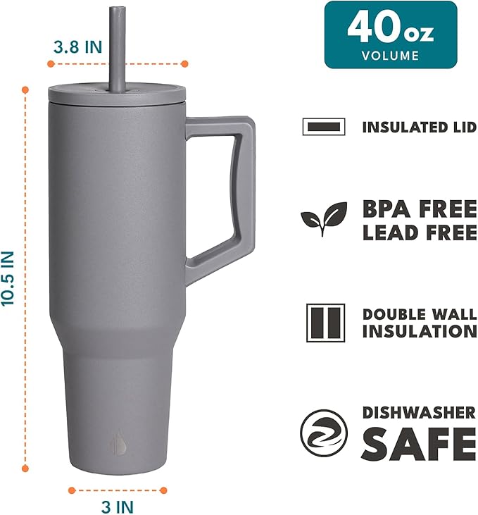Elemental 40 oz Tumbler with Handle and Straw - Spill Proof Insulated Stainless Steel Commuter for Cold Beverages - Travel Coffee Mug with 2 Straws & Spill Proof Lid - 40oz - Graphite