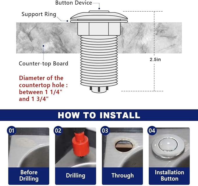 CLEESINK Garbage Disposal Switch, Cordless Air On Off Kit for Food Waste Disposer, Stainless Steel Polished, SHORT 2.5" Sink Top Push Button