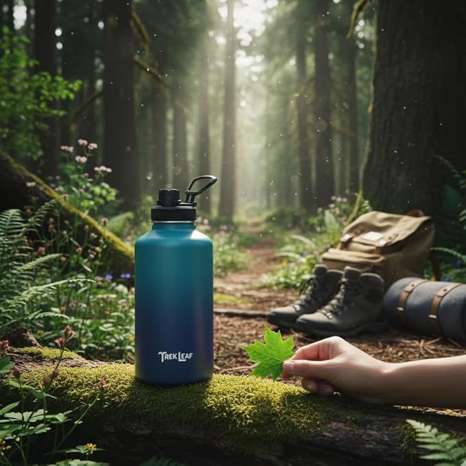 Travel Water Bottle with Carrying Bag, 3 Lids (Spout, Straw, Handle), and Bottle Brush; Leak Proof, Quality, Vacuum Insulated, Stainless Steel (Deep Water, 64 oz)