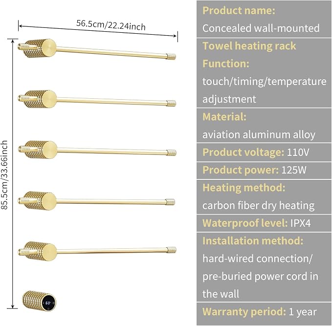 Towel Warmer Rack, Gold 5-Bar Aluminum Alloy, Heated Towel Rack for Bathroom, Hidden wiring/Support Hardwired Heated Towel Rail, With Timer and Temperature Adjustment, Overheat Protection Function