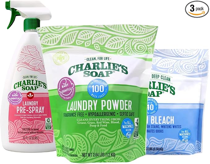 Charlie’s Soap Baby Variety Pack Pre Spray 32 Oz, Laundry Powder (100 Load), & Baby Oxi Bleach Bundle (Pack of 3)