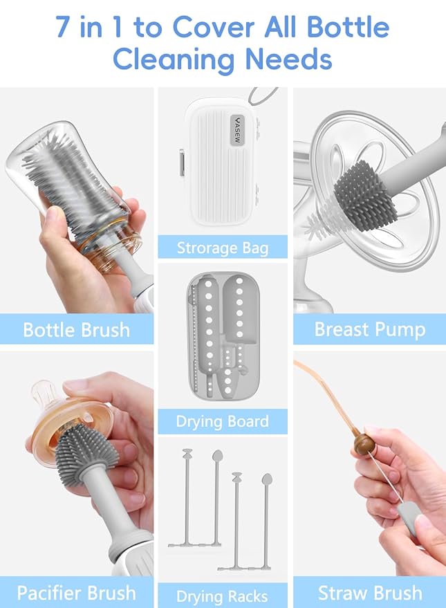 Electric Baby Bottle Brush Cleaner for Travel – BPA-Free Silicone, One-Button 360° Deep Cleaning, 2000mAh Rechargeable, Portable Bottle Cleaning Kit with Storage Box for Home & On-The-Go (Grey)