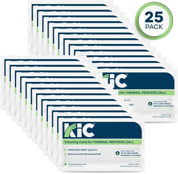 KICTeam - Cleaning Cards for Thermal Printers (25 Cards) - Presaturated with Quick Drying Solution to Clean 3in Receipt Paper Thermal Printers