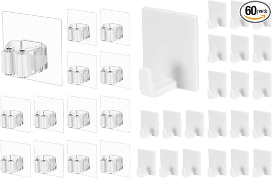 Teenyyou 36 Pcs White Wall Hook Set,Include 24pcs Hanging Hook,12pcs Broom and Mop Holder Wall Mounted for Bathroom,Kitchen,Office,Outdoor and Indoor Tool Organizer