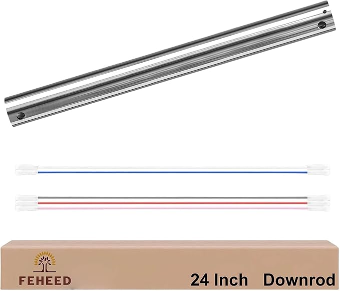 24 Inch Ceiling Fan Downrod, 1" Diameter Nickle Ceiling Fan Extension Rod (No Threads) with 5 x 18-AWG Wires,Universal Down Rods for Ceiling Fans,Easy Installation
