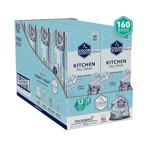 Color Scents Tall Kitchen Trash Bags -13 Gallon, 160 Total Bags (8 Packs of 20 Count), Drawstring - Silver bag in Simply Clean Scent with Microban