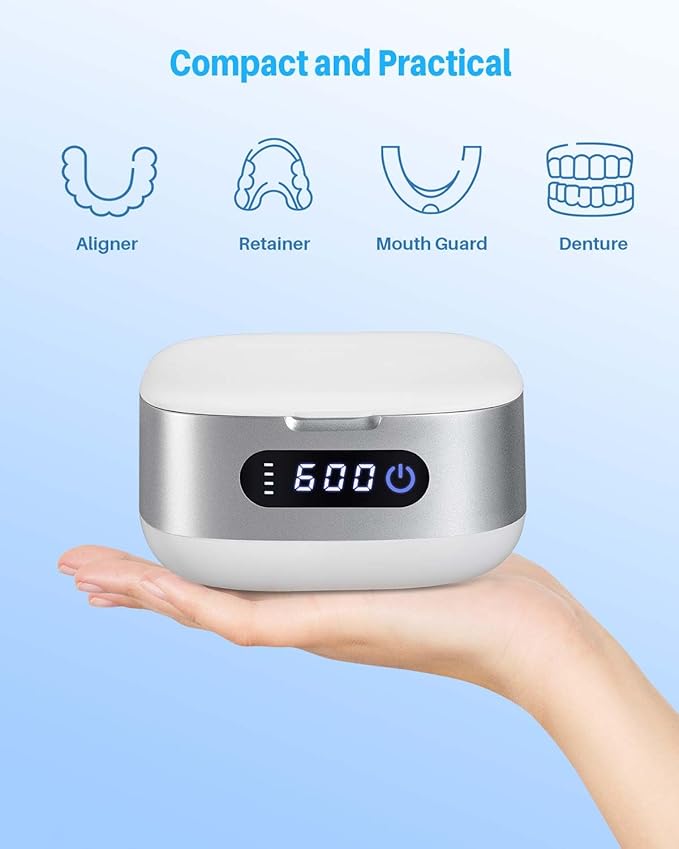 Voraiya Portable Ultrasonic Retainer Cleaner 4000mAh Rechargeable IPX6 Waterproof Retainer Cleaner Machine For Mouth Guard,Night Guard,Aligner,Small Denture Cleaning Pod For Teenagers,Adults,Travel