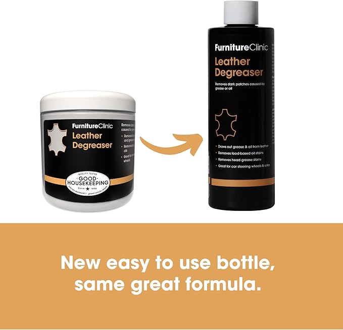 Furniture Clinic Leather Degreaser | Professional Oil & Grease Stain Remover | Use on Furniture, Car Seats, Shoes, Couches, Sofas, & Chairs | Leather Care Cleaning Solution | 8.5oz/250ml