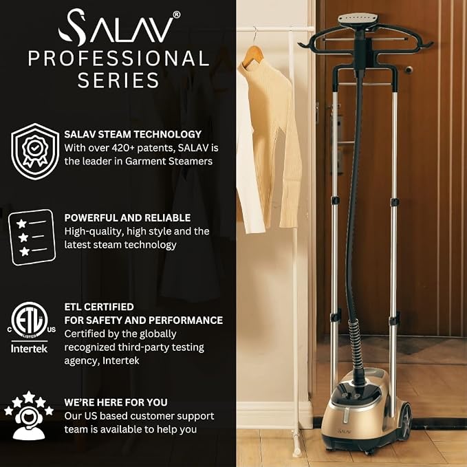 SALAV Deluxe Limited Edition Professional Series Dual Bar Garment Steamer with Foot Pedals & 3 Decalcifier Packets, Stainless Steel Plate, Retractable Cord, 1.8L Tank, 1500 watts, 60+mins of Steam