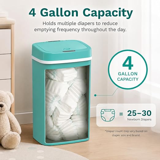 15L Smart Diaper Pail with Motion Sensor Lid | Touchless Hands-Free Baby Diaper Trash Can | Double Locking Seal | Slim Space-Saving Design | Quiet & Durable (Turquoise)
