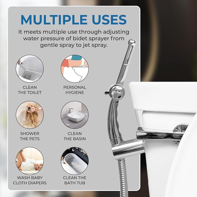GenieBidet Sparkle Hand Held Bidet. Includes Hybrid T Adapter | Stainless Steel Toilet Hose Sprayer & Precision Knob/w Solid Brass Valve | Toilet Water Sprayer for All Toilets