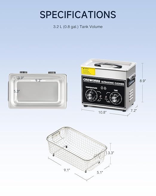 CREWORKS 3.2L Ultrasonic Cleaner with Heater & Timer, 304 Stainless Steel Sonic Cleaner, 0.8gal Ultrasonic Parts Cleaner with Knobs, 120W Professional Lab Ultrasonic Cleaner for Glasses Coin Microchip