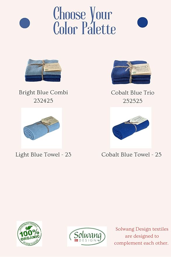 Solwang 3-Piece Danish Cotton Dishcloths in 100% Certified Organic Cotton Made in India (Bright Blue Organic Combi)