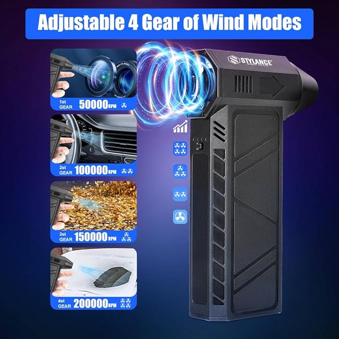 Compressed Air Duster,130000RPM Electric Air Duster Turbo Fan, High-Speed Air Blower with 4 Gear,for Cooling,Keyboard, Salon, Car, Home, Outdoor Cleaning,Type-C